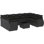 The Living Store 10-tlg. Garten-Sofagarnitur mit Kissen Schwarz Poly Rattan