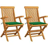 vidaXL Klappstühle mit grünen Kissen, 2 Stück, Massivholz Teakholz