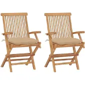 vidaXL Klappstühle mit beigen Kissen, 2 Stück, Massivholz Teakholz