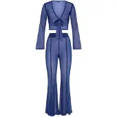 LASCANA Langarmshirt , Damen, Gr. 44, blau, Netz, Obermaterial: 95% Polyester, 5% Elasthan, unifarben, figurbetont kurz, tiefer V-Ausschnitt, Shirts Langarmshirt