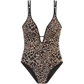 LASCANA Badeanzug "Zaba", Damen, Gr. 42, Cup C/D, schwarz (schwarz, gold), Recycling-Polyamid, Badeanzüge Badeanzug, Mit goldfarbigen Zierperle