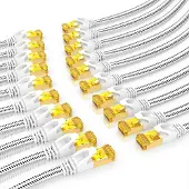 Primewire LAN-Kabel 20er Set CAT 7 Flachband Netzwerkkabel 10 Gbit/s, U/FTP PIMF Schirmung, vergoldete RJ45-Stecker, Baumwollmantel, Patchkabel, 20 Stück, 0,25 m, weiß