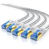 Primewire Flachband LAN-Kabel 5er Set CAT 8, 40 Gbit/s Netzwerkkabel mit RJ45-Stecker, geschirmt, Baumwollmantel, vergoldete Kontakte, Patchkabel, 5 Stück, 0,25 m, weiß
