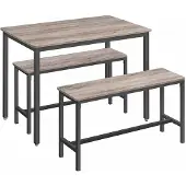 Vasagle Esstisch mit 2 Bänken, 3er-Set, Küchentisch 70 x 110 x 75 cm, 2 Bänke je 30 x 97 x 50 cm, Stahlgestell, Greige meliert-tintenschwarz KDT070B02