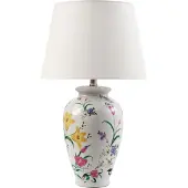 Beliani Tischlampe Weißer Porzellansockel Leinen-Trommelschirm mit Blumenmuster Beleuchtung Stilvoll