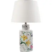 Beliani Tischlampe Weißer Porzellansockel Leinen-Trommelschirm mit Blumenmuster Beleuchtung Stilvoll