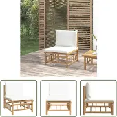 The Living Store Garten-Mittelsofa mit Cremeweißen Kissen Bambus