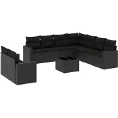 The Living Store 10-tlg. Garten-Sofagarnitur mit Kissen Schwarz Poly Rattan