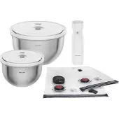 Zwilling Aufbewahrungssystem "Fresh & Save BOWLS", silber (silberfarben, weiß), Edelstahl, Lebensmittelaufbewahrungsbehälter, Aufbewahrungssystem, Vakuum Starter Set, Edelstahl / M/L, 9-tlg.