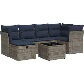 vidaXL 7-tlg. Garten-Sofagarnitur mit Kissen Grau Poly Rattan