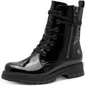 Marco Tozzi Schnürboots BY GMK, Damen, Gr. 38, wärmend, schwarz, Lacklederimitat, glänzend, Schuhe Schnürboots, Blockabsatz, Schnürboots mit Zierreißverschluss