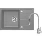 Deante Set: Granitspüle ZRD_S113 + Spültischarmatur mit flexiblem Auslauf BOC_S740 Stahl-Grau + Ablaufgarnitur Grau Metallic ZRDGS113