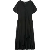 Sheego Strandkleid "Jerseykleid Jerseykleid in Wickeloptik, mit Volantrock", Damen, Gr. 56, N-Gr, schwarz, Modisch, V-Ausschnitt, Kleider Strandkleid, in Wickeloptik, mit Volantrock