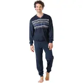 Hajo Herren Schlafanzug, lang - Klima-Komfort, V-Neck, Bündchen Dunkelblau / 4XL