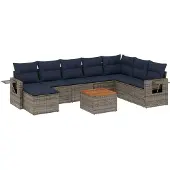 vidaXL 9-teiliges Gartensofa-Set mit Kissen, grau, Polyrattan