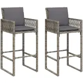 vidaXL Garten-Barhocker mit Kissen 2 Stk. Grau Poly Rattan