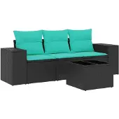 vidaXL 4-teiliges Gartensofa-Set mit Kissen, schwarzes Polyrattan