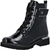 Remonte Schnürstiefelette , Damen, Gr. 44, wärmend, schwarz (schwarz uni), Lacklederimitat, glänzend, Schuhe Schnürstiefelette, Blockabsatz, Schnürboots im Kroko-Look, Innenreißverschluss
