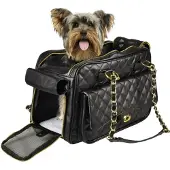 Flamingo Hundetasche - Tragetasche Gigi Schwarz – 40x22x28cm – Kunstleder – Kissen herausnehmbar – Sicherheitsleine – Tragegriffe – Belüftungsnetz – Standfüße