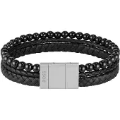 BOSS Lederarmband "SPHERE MIXED", schwarz (edelstahlfarben, schwarz, schwarz), Armbänder, 19cm, Edelstahl Leder, Edelstahl, Leder, Lederarmband, mit Onyx oder Tigerauge