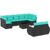 vidaXL 10-teiliges Gartensofa-Set mit Kissen, schwarzes Polyrattan