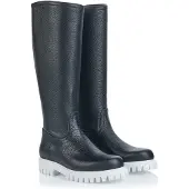 Pollini Damen Stiefel aus genarbtem Leder mit hohem Schaft und weißer Profilsohle Schwarz