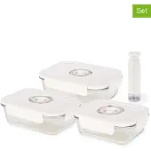 Compactor Vakuumiergerät - Los 3: Drei Glasbehälter zum Vakuumieren + Pumpe + Datumsanzeiger - 16,5 x 22 x Höhe 6,6 cm - Transparent