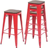 Mendler 4er-Set Barhocker HWC-A73 inkl. Holz-Sitzfläche, Barstuhl Tresenhocker, Metall Industriedesign stapelbar rot