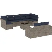 vidaXL 10-teiliges Gartensofa-Set mit Kissen, grau, Polyrattan