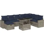 vidaXL 9-teiliges Gartensofa-Set mit Kissen, grau, Polyrattan