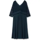 Sheego Abendkleid "Abendkleid", Damen, Gr. 58, Normalgrößen, blau (nachtblau), 95% Polyester, 5% Elasthan, Spitze:100% Polyamid, unifarben, wadenlang, V-Ausschnitt, Kleider Abendkleid