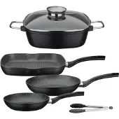 GSW Topf-Set "Gourmet Granit" Set, 1 x Bräter, 1x Grillpfanne 28x28 cm, je 1x Bratpfanne Ø 20/24 cm, 5 Stk. tlg. Aluminiumguss