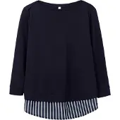 Sheego 2-in-1-Langarmshirt "2-in-1-Shirt", Damen, Gr. 48/50, blau (nachtblau), 100% Baumwolle, Webware:100% Polyester, gemustert, unifarben, U-Boot-Ausschnitt, Shirts 2-in-1-Langarmshirt