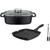 GSW Topf-Set "Gourmet Granit Grillmeister" Set, 1 x Bräter, H. 11,5 cm, 1x Grillpfanne 28 x 28 cm, H. 4,4 cm, 4 Stk. tlg. Aluminiumguss