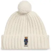 Ralph Lauren für Damen. 455931876001 Rippstrickmütze mit Polo Bear und cremefarbenem Bommel (OSFA), Weiß, Lässig, Wolle