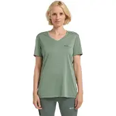 Jack Wolfskin T-Shirt "0", Damen, Gr. XS, grün (eucalyptus), Obermaterial: 100% Polyester, normal, V-Ausschnitt, Shirts T-Shirt, mit V-Ausschnitt, Kurzarm, aus Polyester, normale Passform