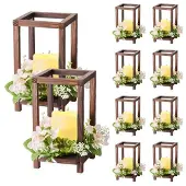 Vevor 10er-Set Holzlaternen für Hochzeiten, inkl. 10 Holzlaternen-Kerzenhaltern, 10 flammenlosen LED-Kerzen, 10 Champagner-Blumenkränzen für Hochzeitstisch, Party, Bauernhaus-Dekoration, Braun