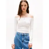 Tommy Hilfiger Langarmshirt TOMMY JEANS "TJW SLIM ESSENTIAL BOAT NECK LS", Damen, Gr. L (40), beige (ecru), Single Jersey, Obermaterial: 95% Baumwolle, 5% Elasthan, unifarben, figurbetont, Shirts Langarmshirt