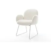 DELIFE Esszimmerstuhl Nube-Flex mit Armlehnen Bouclé Soft Beige Kufengestell Edelstahl Taschenfederkern
