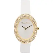 Calvin Klein "TWISTED BEZEL" Armbanduhr, Damenuhr, Lederarmband, analog, Glaskristalle