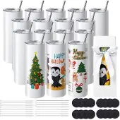 Vevor 16er-Pack gerade Sublimationsbecher, 567 g Blanko-Becher, Edelstahl-Doppelwandbecher mit Strohhalm, Deckel, Bürste, Boden, Schrumpffolie, Geschenkbox, für Wärmepresse und Wärmeübertragung