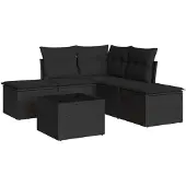 Syfax 6-tlg. Garten-Sofagarnitur mit Kissen Schwarz Poly Rattan