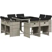 Syfax 9-tlg. Garten-Essgruppe mit Kissen Hellgrau Poly Rattan