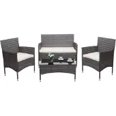 Mendler Poly-Rattan Garnitur HWC-F55, Balkon-/Garten-/Lounge-Set Sofa Sitzgruppe - grau, Kissen creme