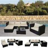 Mendler Poly-Rattan-Garnitur Brescia, Gartengarnitur Sitzgruppe Sofa Lounge-Set - schwarz, Kissen creme