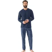 Mey Schlafanzug "STRAIGHT", Herren, Gr. XL, blau (yacht blau), Single Jersey, Obermaterial: 100% Baumwolle, bequem lang, V-Ausschnitt, Homewear-Sets Schlafanzug, Langarm-Shirt mit Brusttasche