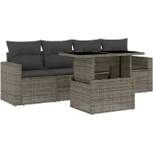 Syfax 5-tlg. Garten-Sofagarnitur mit Kissen Grau Poly Rattan