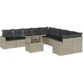 Syfax 11-tlg. Garten-Sofagarnitur mit Kissen Hellgrau Poly Rattan