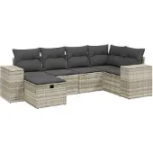 Syfax 6-tlg. Garten-Sofagarnitur mit Kissen Hellgrau Poly Rattan