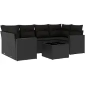 Syfax 7-tlg. Garten-Sofagarnitur mit Kissen Schwarz Poly Rattan